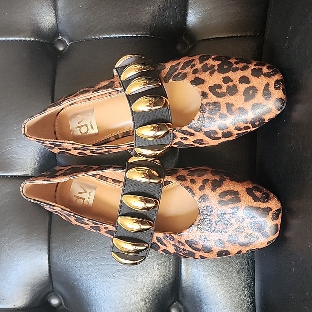 DV Dolce Vita Leopard Print Mary Jane Ballet Flats Gold Maxi Stud Size 6